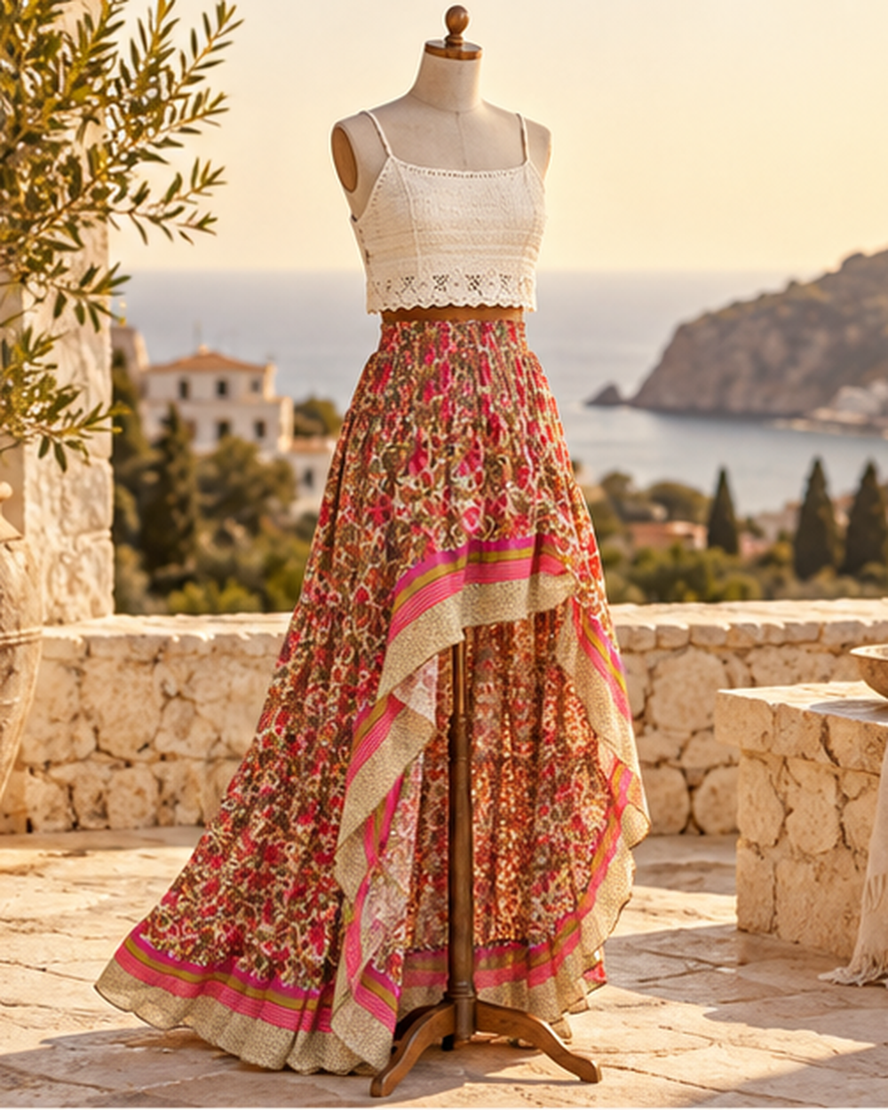 Boho Western Skirt - M variant, styled in a warm Mediterranean setting
