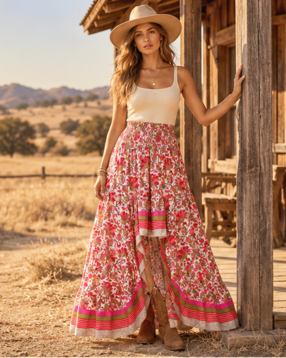Boho Western Skirt - XL variant, styled in a warm Mediterranean setting