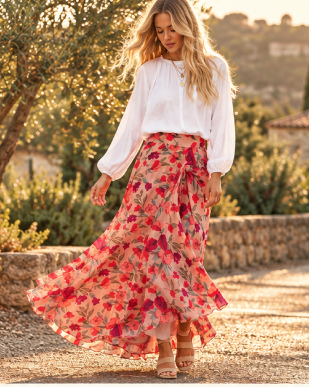 Boho Wrap Maxi Skirt - XL variant, bohemian movement view in golden-hour light