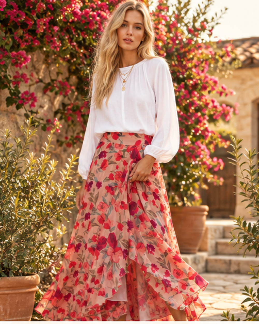 Boho Wrap Maxi Skirt - XL variant, styled in a warm Mediterranean setting