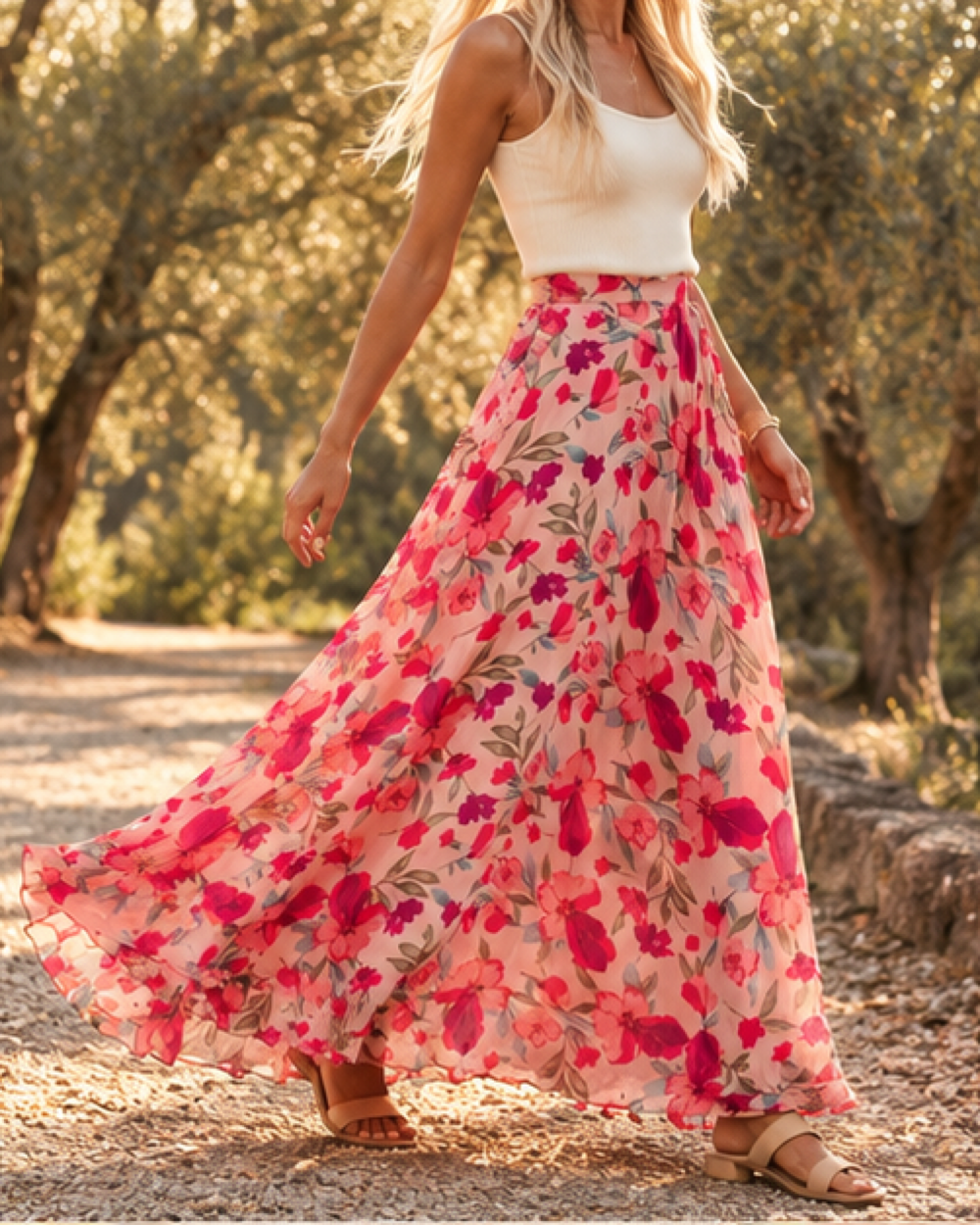 Boho Wrap Maxi Skirt - L variant, bohemian movement view in golden-hour light
