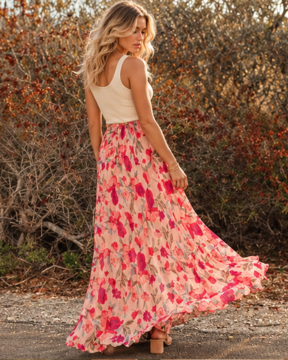 Boho Wrap Maxi Skirt, bohemian movement view in golden-hour light