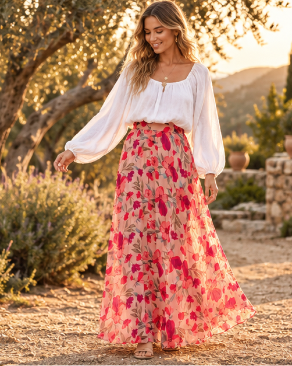 Boho Wrap Maxi Skirt, bohemian movement view in golden-hour light
