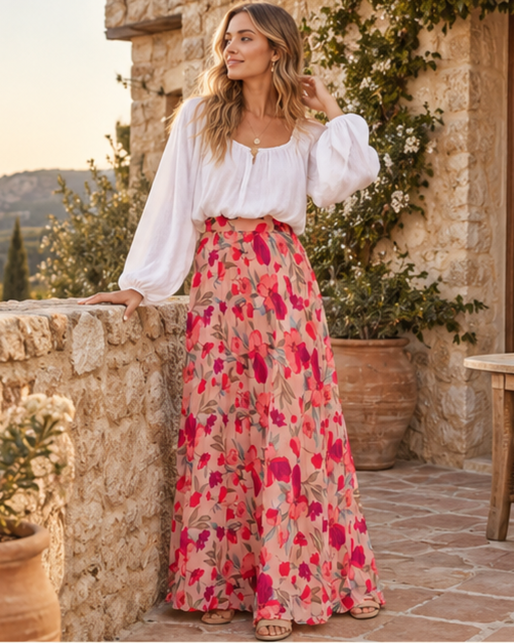 Boho Wrap Maxi Skirt, styled in a warm Mediterranean setting