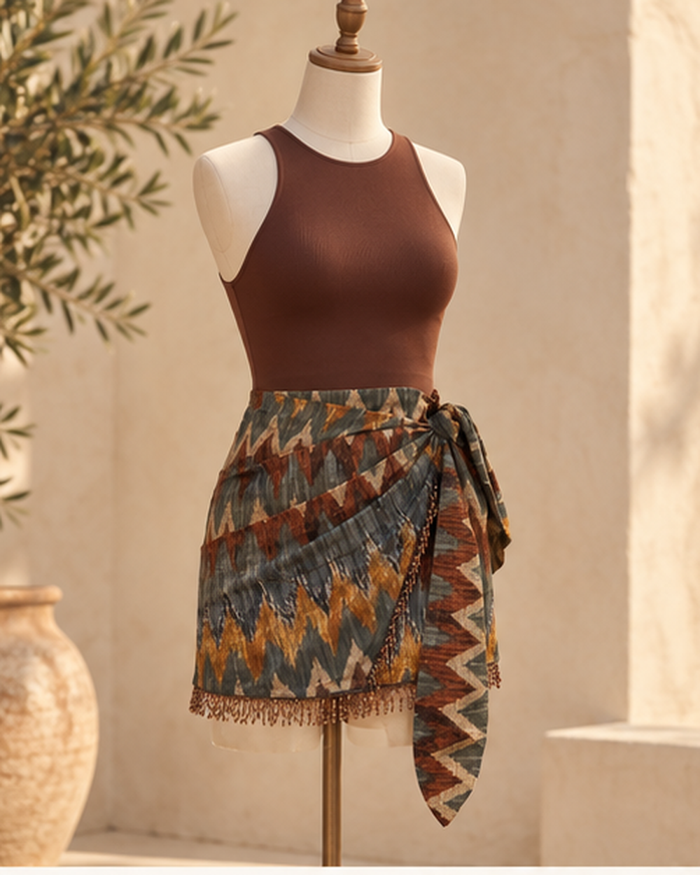Brown Boho Skirt, bohemian movement view in golden-hour light