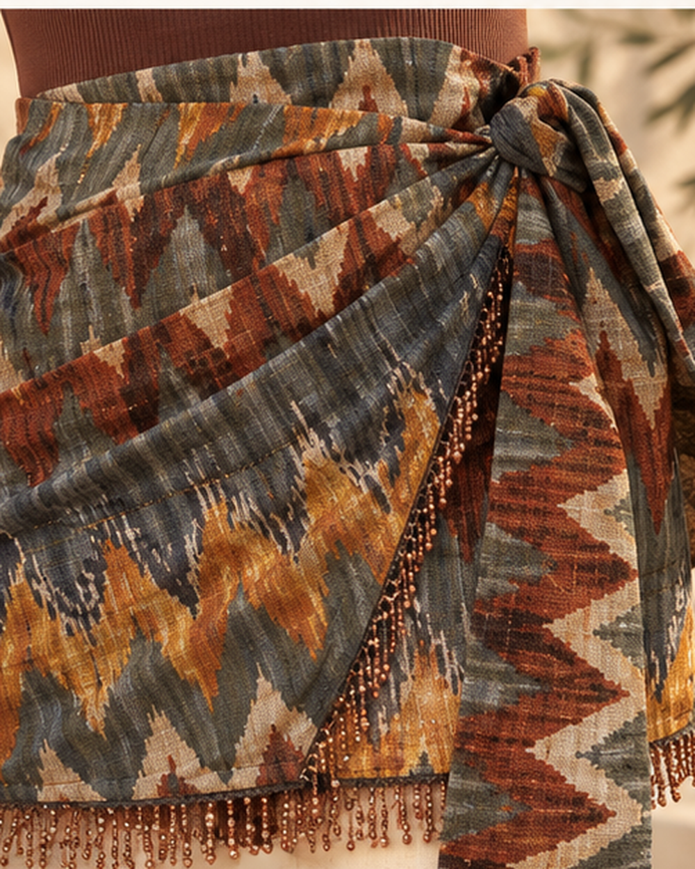 Brown Boho Skirt, close-up of fabric and garment details