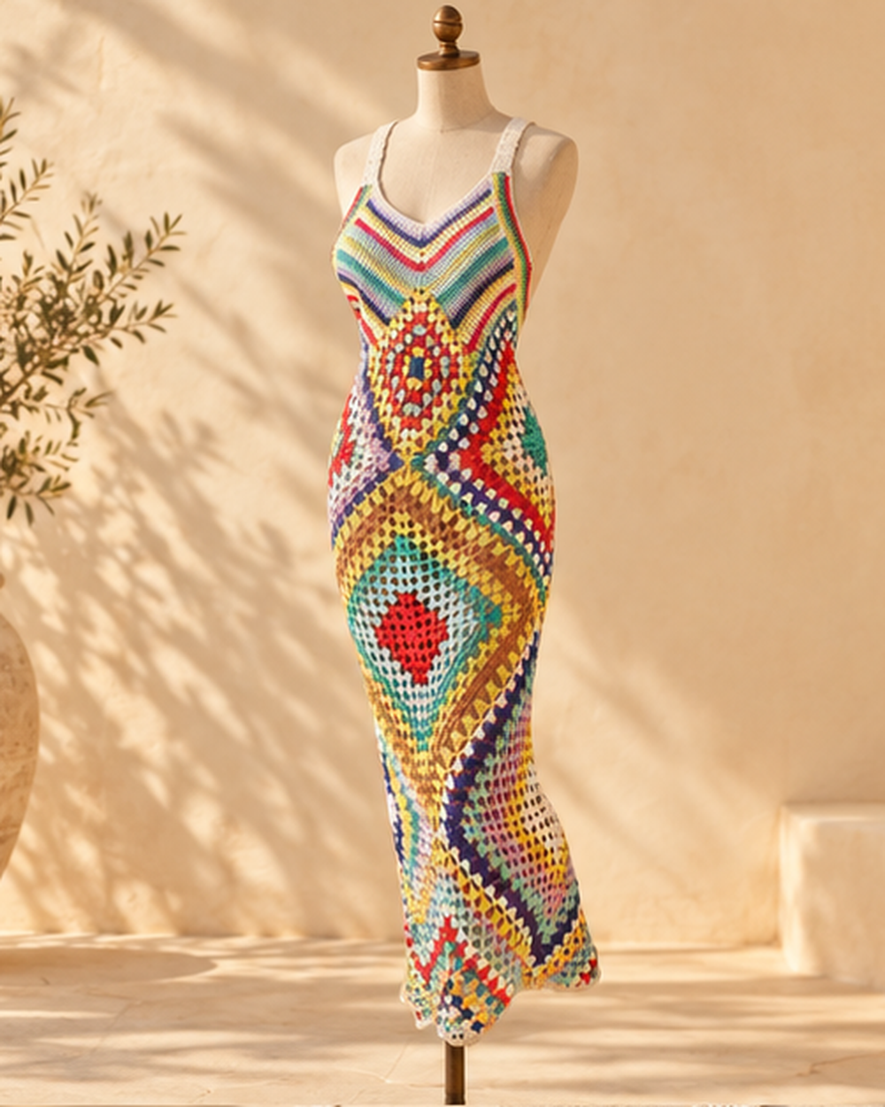 Colorful Crochet Dress, bohemian movement view in golden-hour light