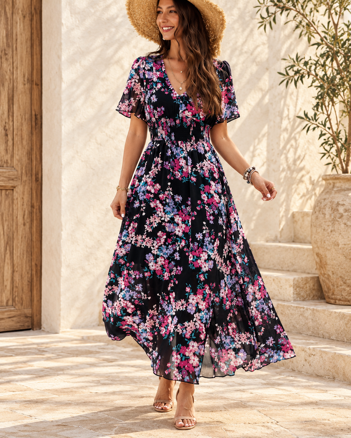 Cream Boho Maxi Dress - Black variant, full-length hero view