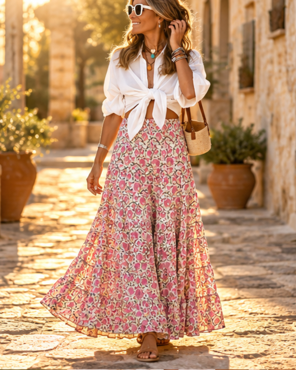 Cream Boho Maxi Skirt, bohemian movement view in golden-hour light