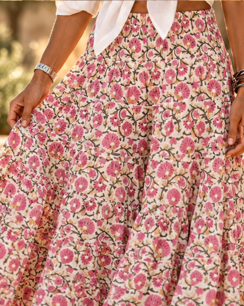 Cream Boho Maxi Skirt, close-up of fabric and garment details