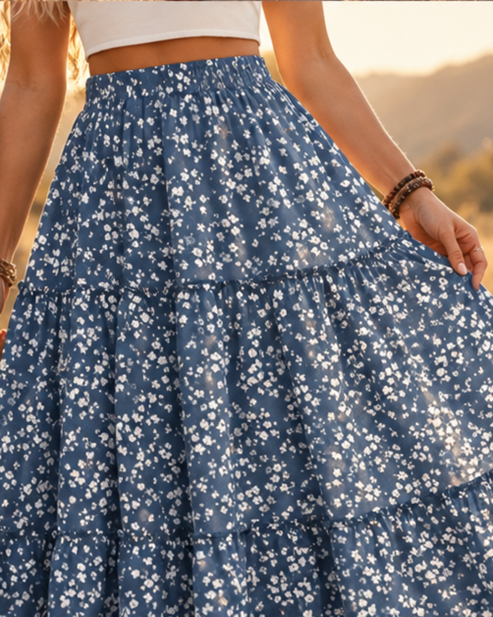 Elastic Waist Boho Skirt - Blue variant, close-up of fabric and garment details