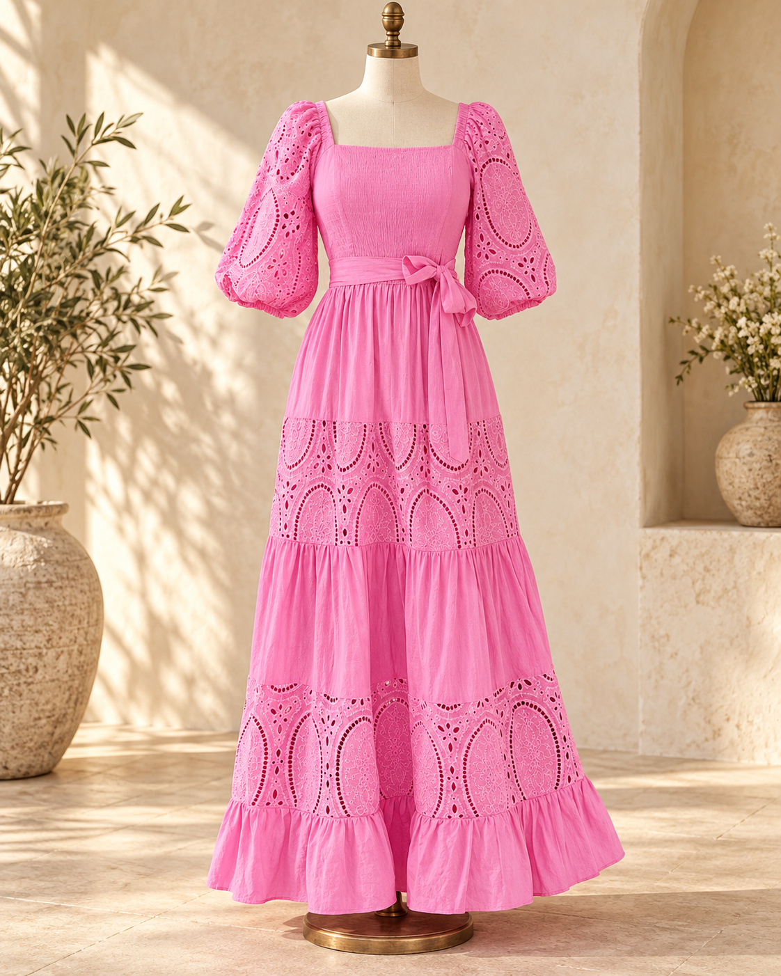 Eyelet Lace Dress - Pink variant, full-length hero view