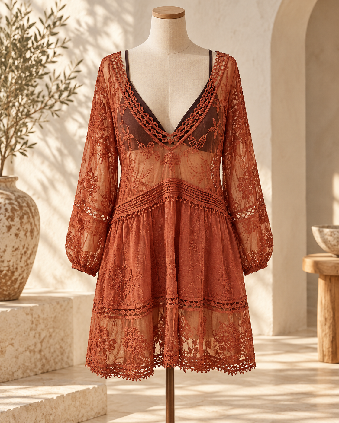 Floral Dress Embroidered - Brown variant, full-length hero view