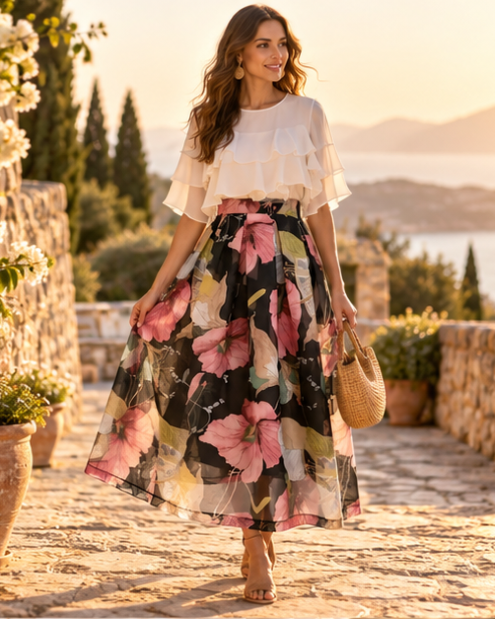 Flowy Boho Skirt, bohemian movement view in golden-hour light