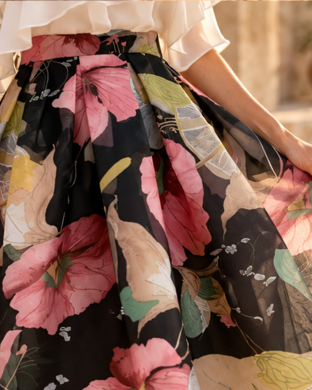 Flowy Boho Skirt, close-up of fabric and garment details