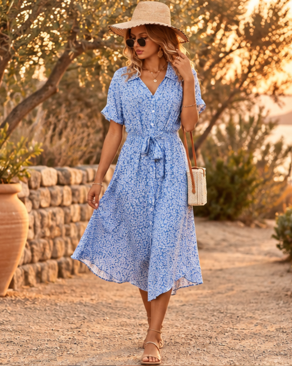 Flowy Floral Midi Dress - Blue variant, bohemian movement view in golden-hour light