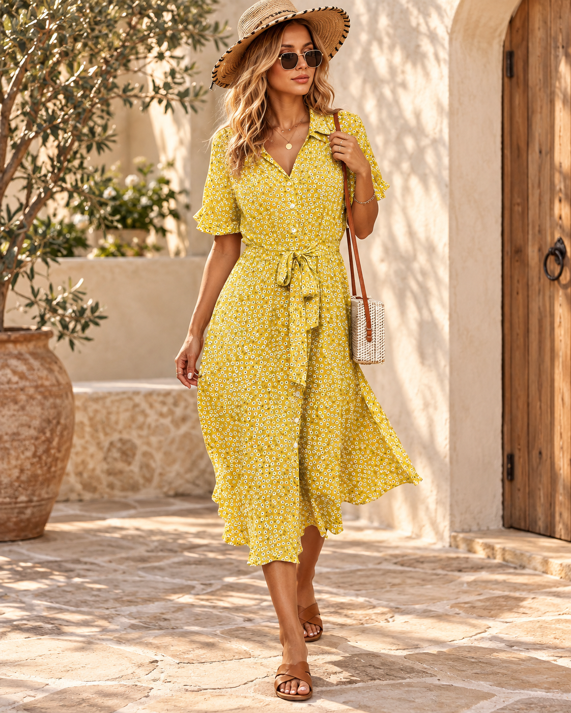 Flowy Floral Midi Dress - Yellow variant, full-length hero view