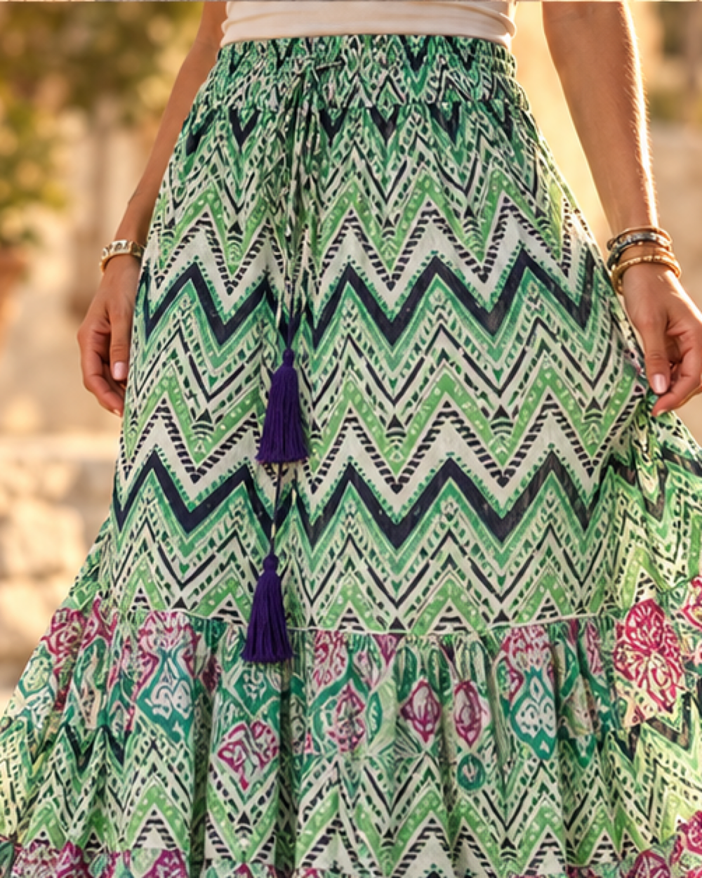 Green Boho Maxi Skirt, close-up of fabric and garment details