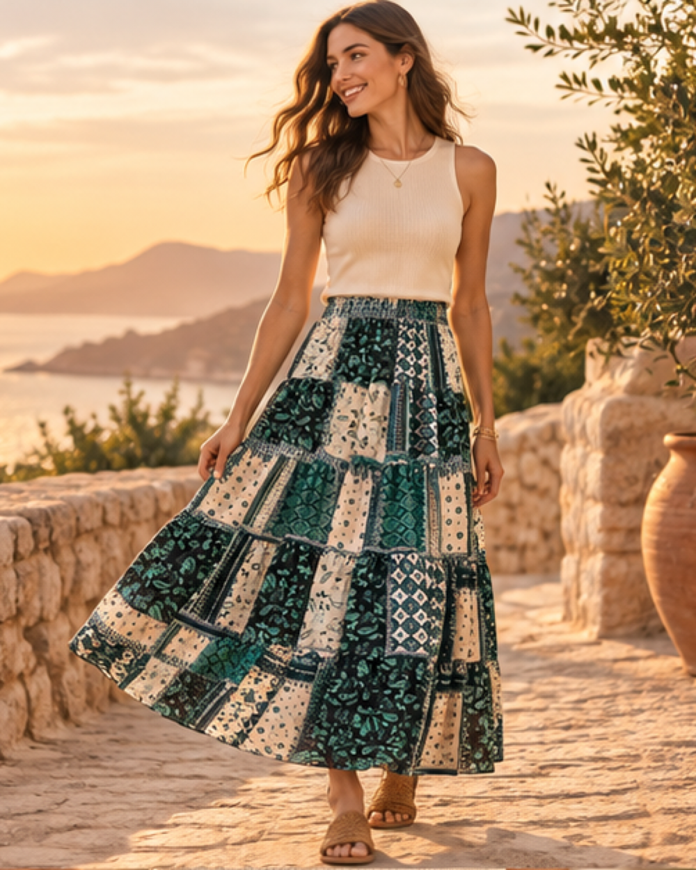 Green Boho Skirt, bohemian movement view in golden-hour light