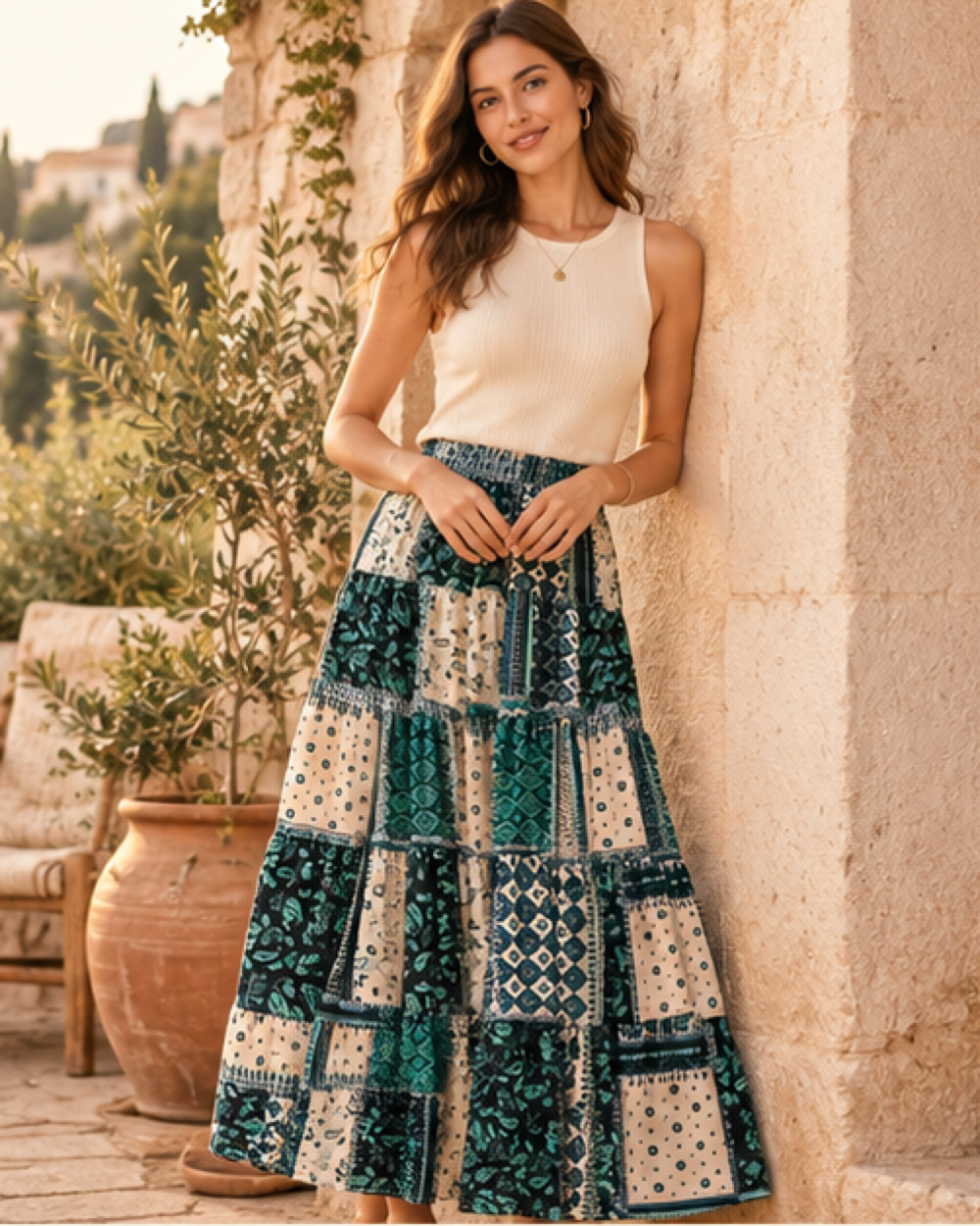 Green Boho Skirt, styled in a warm Mediterranean setting