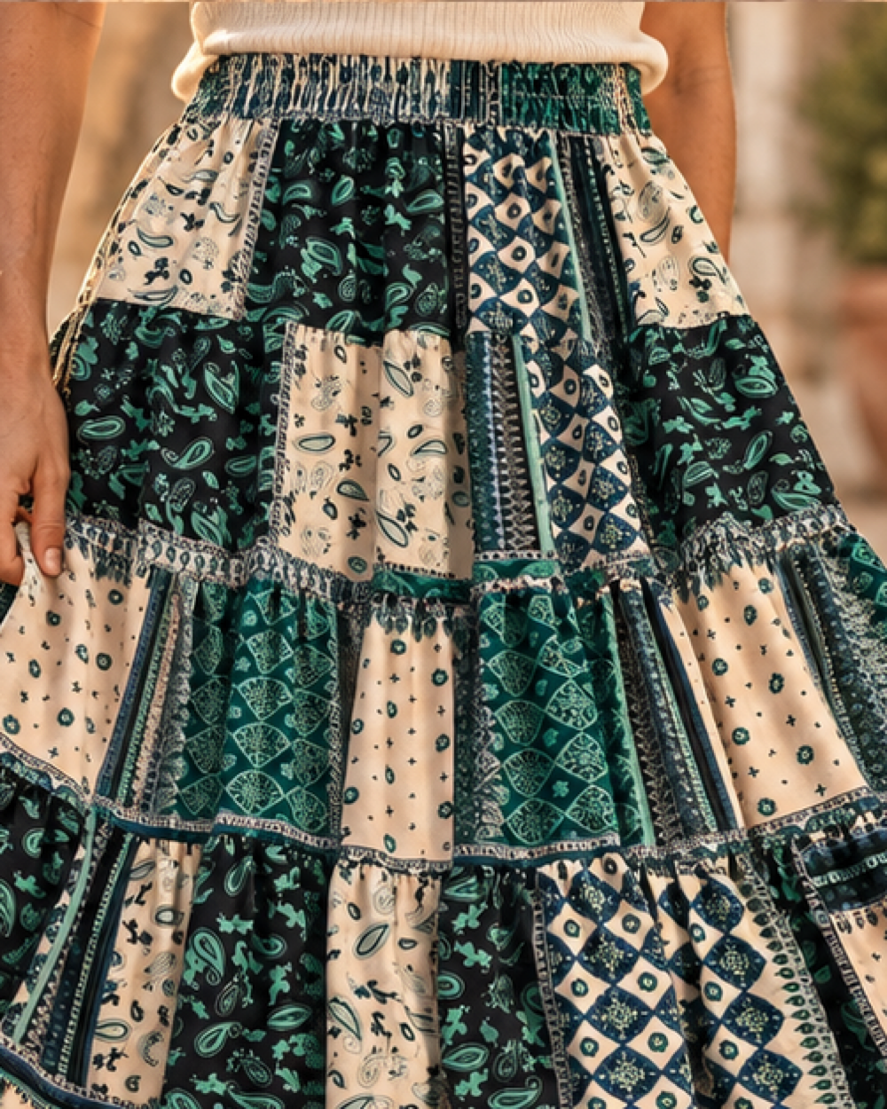 Green Boho Skirt, close-up of fabric and garment details