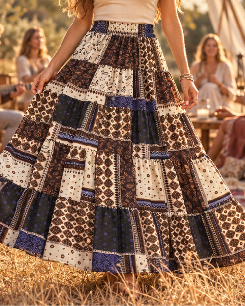 Green Boho Skirt - Khaki variant, styled in a warm Mediterranean setting