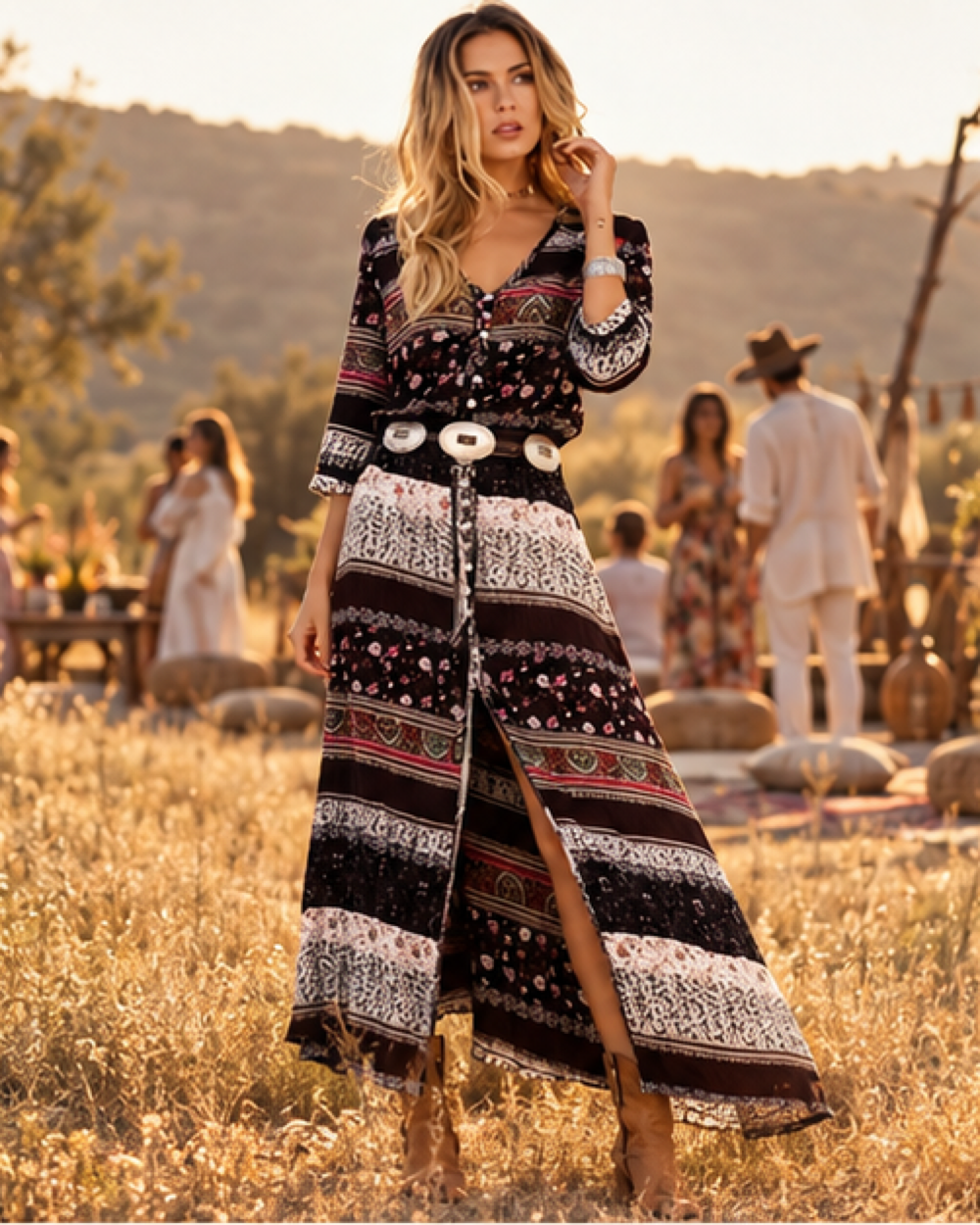 Hippie Long Sleeve Folk Floral Boho Dress - Brown variant, styled in a warm Mediterranean setting