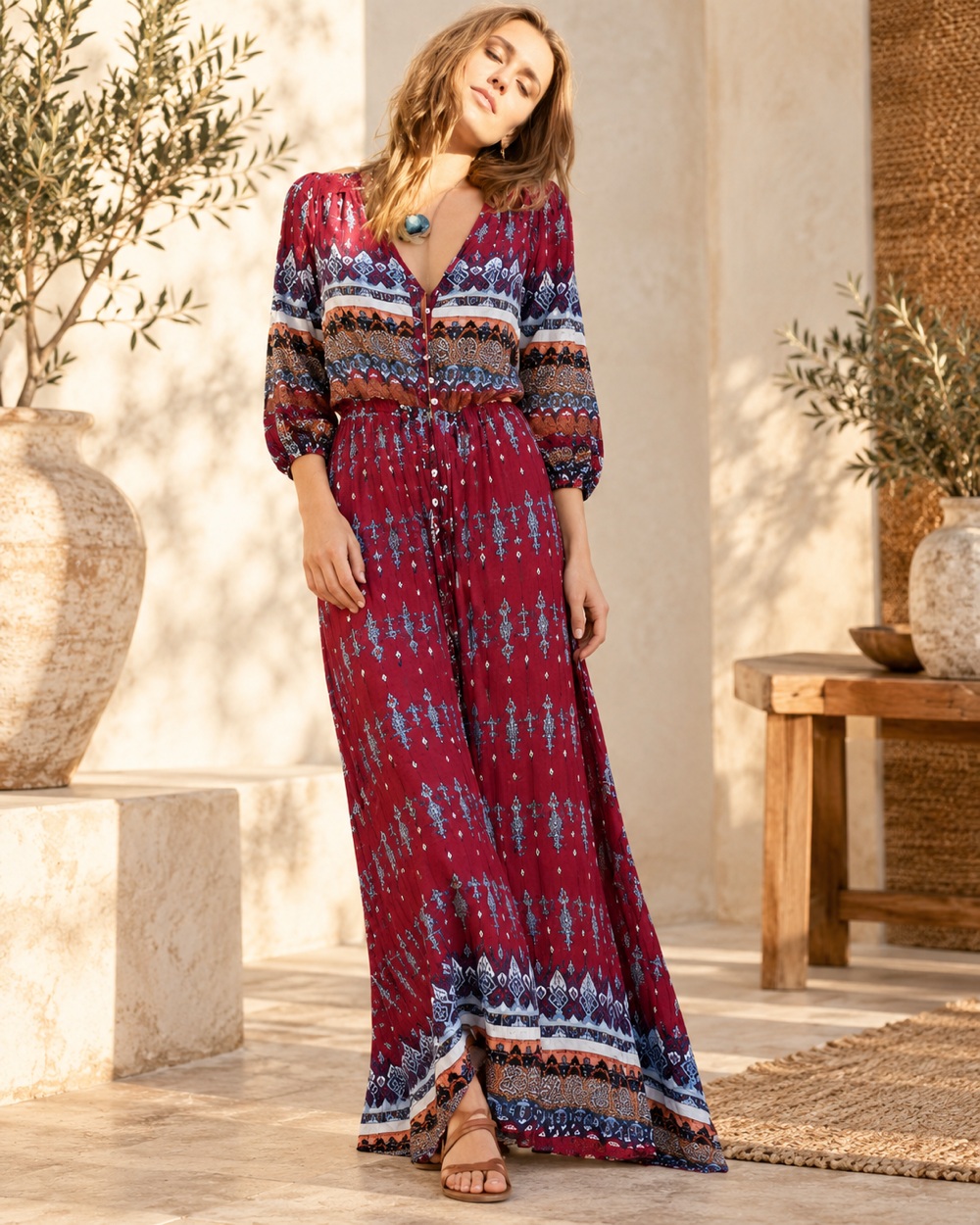Hippie Long Sleeve Folk Floral Boho Dress - Red variant, full-length hero view