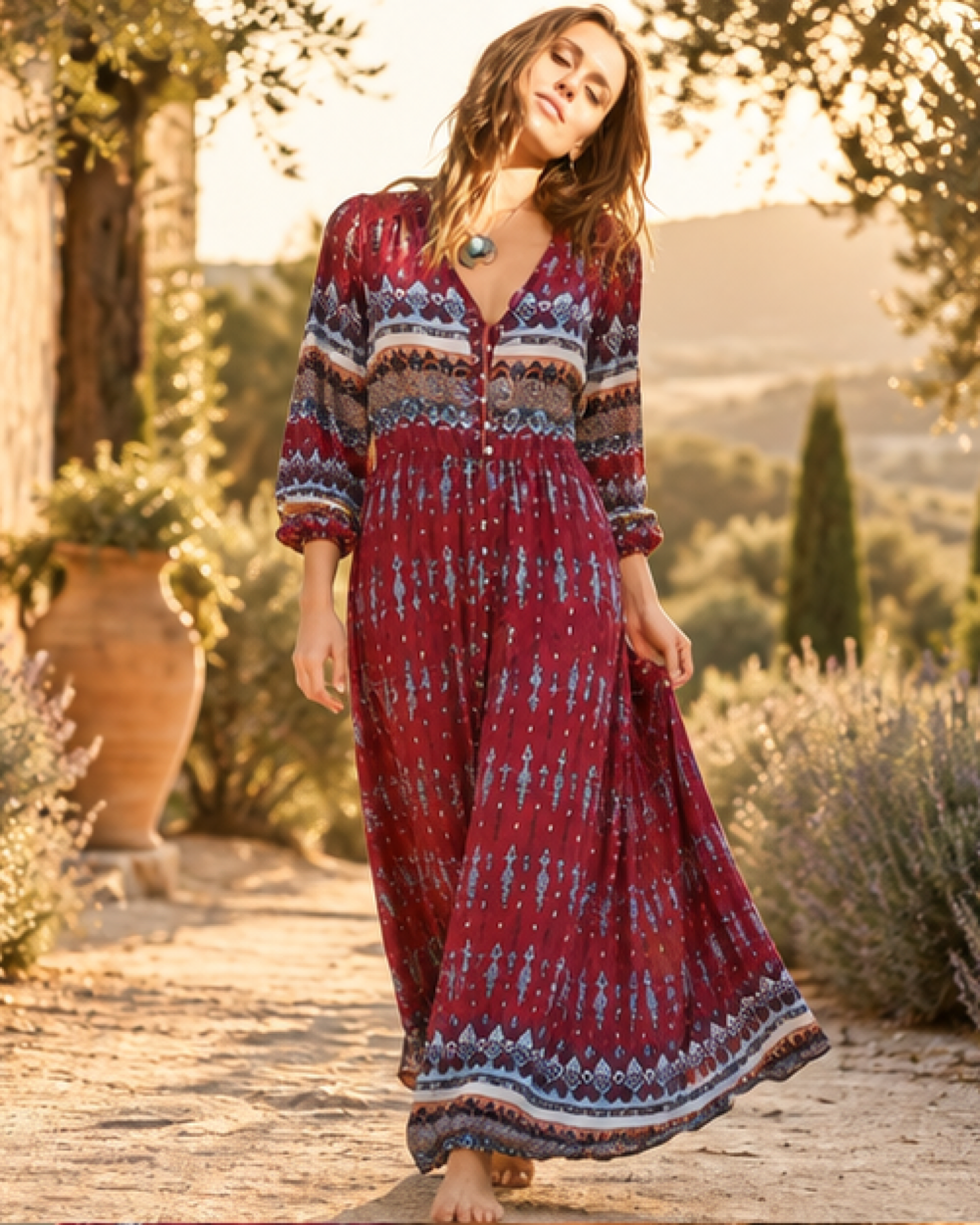 Hippie Long Sleeve Folk Floral Boho Dress - Red variant, bohemian movement view in golden-hour light