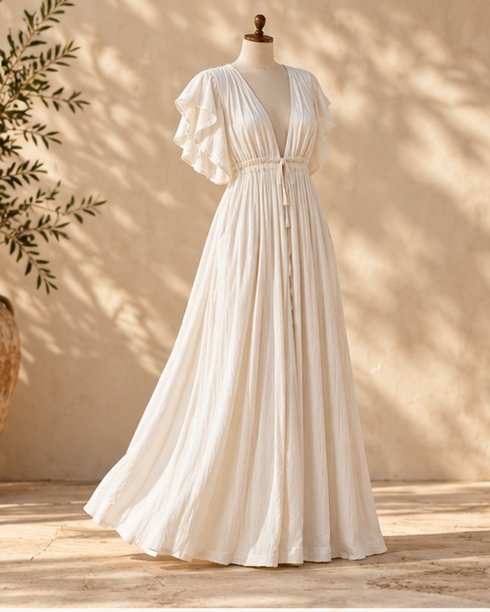 Ivory Boho Maxi Dress, bohemian movement view in golden-hour light