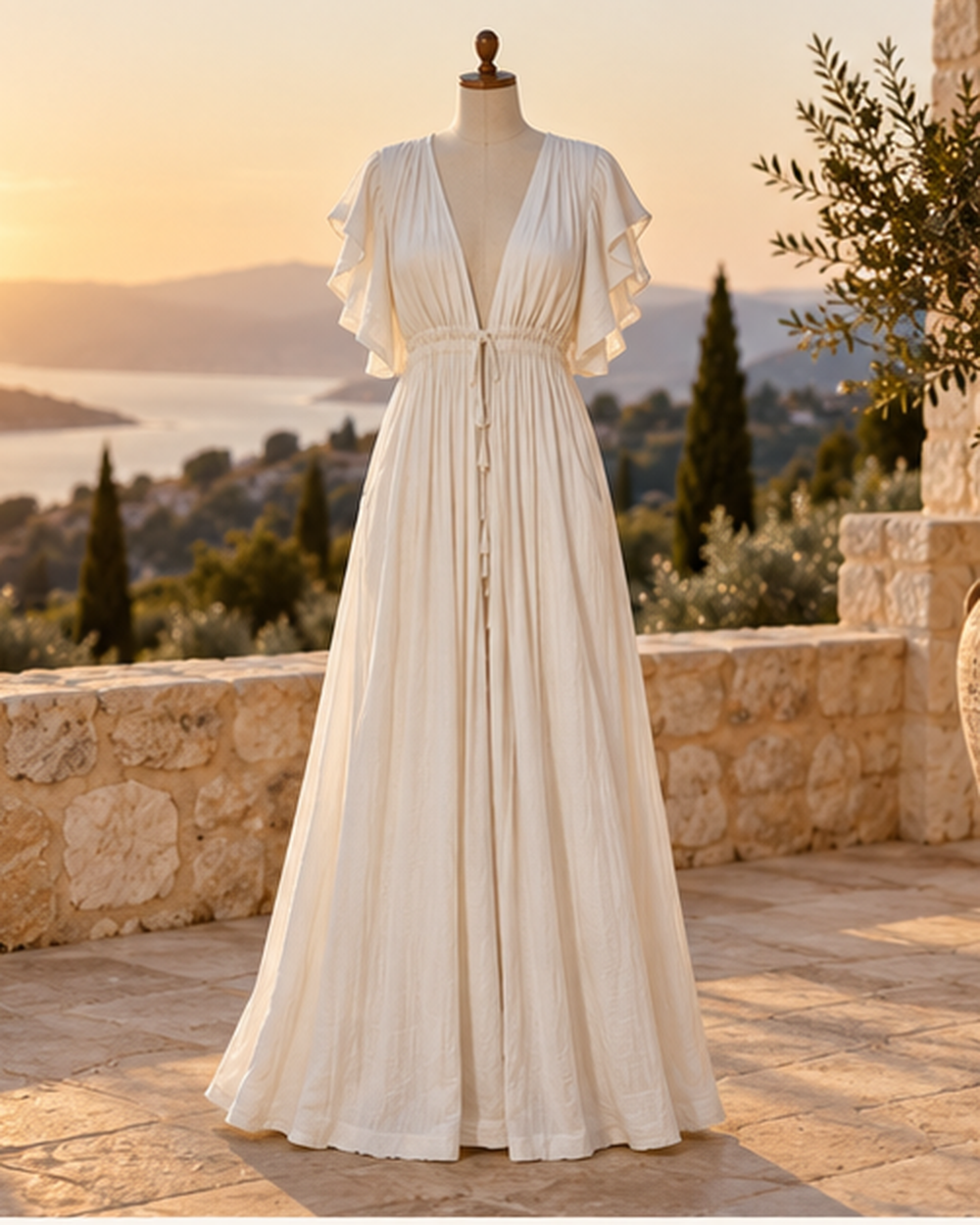 Ivory Boho Maxi Dress, styled in a warm Mediterranean setting