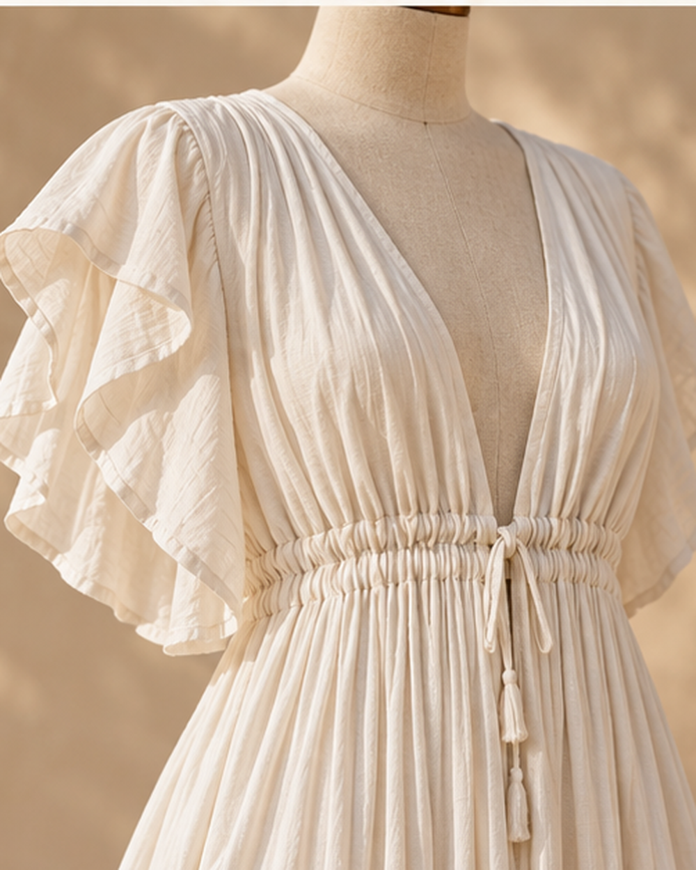 Ivory Boho Maxi Dress, close-up of fabric and garment details