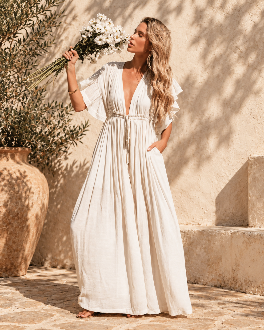 Ivory Boho Maxi Dress - One Size variant, full-length hero view