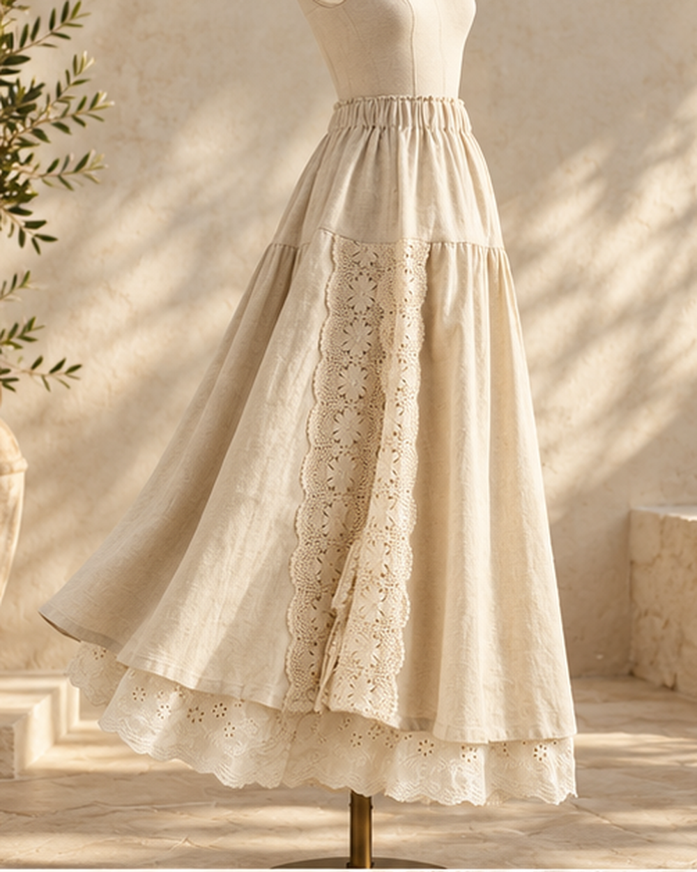 Lace Boho Maxi Skirt, bohemian movement view in golden-hour light