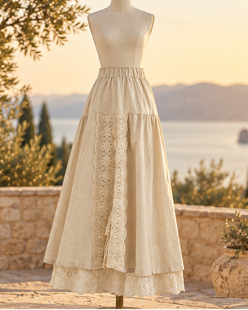 Lace Boho Maxi Skirt, styled in a warm Mediterranean setting