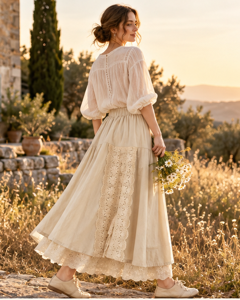 Lace Boho Maxi Skirt, styled in a warm Mediterranean setting