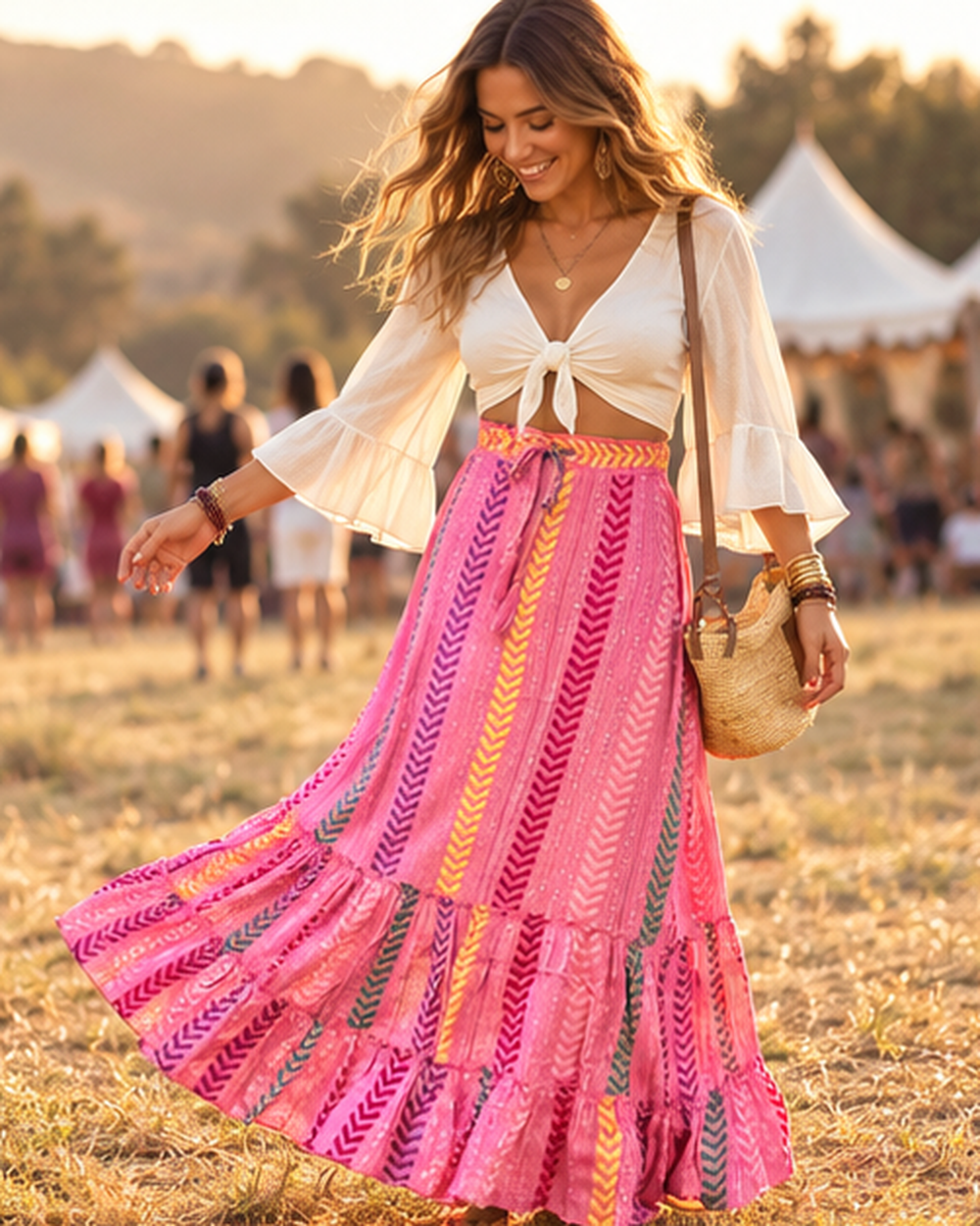 Long Boho Peasant Skirt, bohemian movement view in golden-hour light
