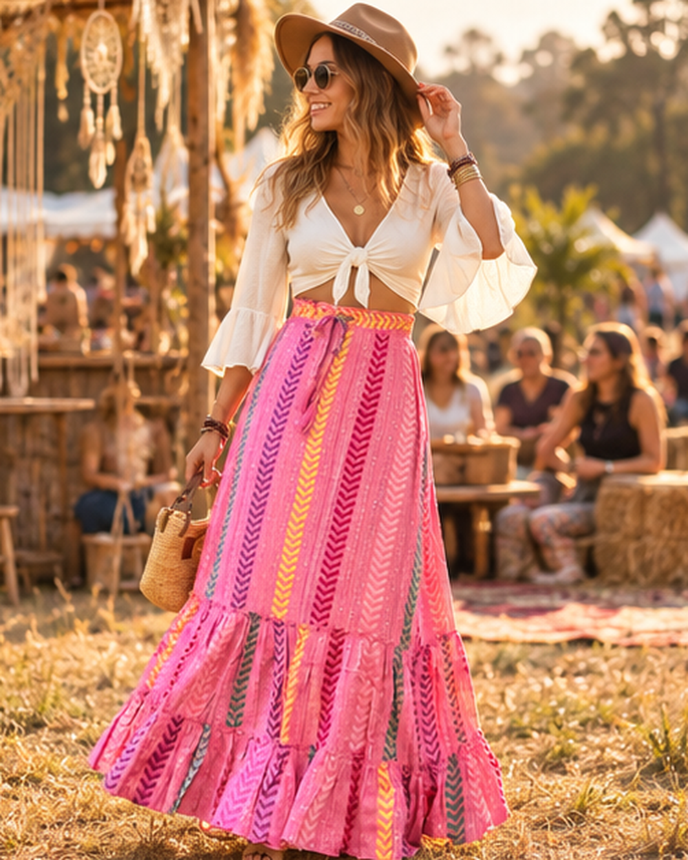 Long Boho Peasant Skirt, styled in a warm Mediterranean setting