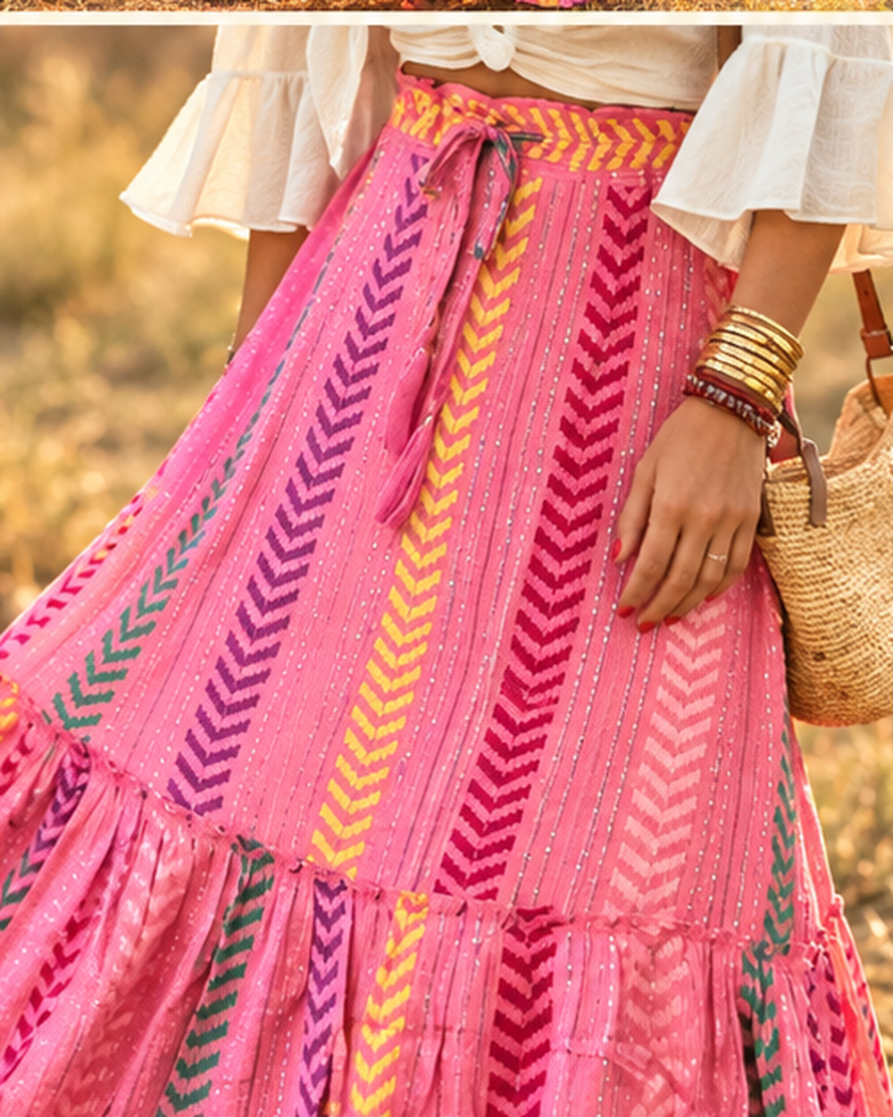 Long Boho Peasant Skirt, close-up of fabric and garment details