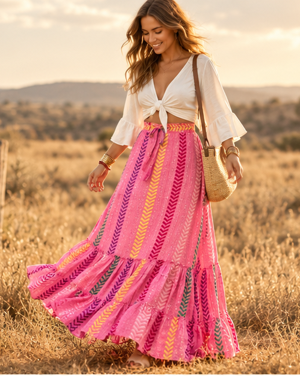 Long Boho Peasant Skirt, bohemian movement view in golden-hour light