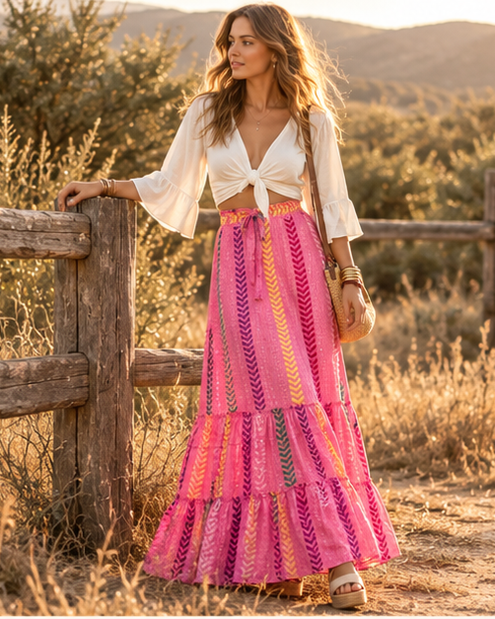 Long Boho Peasant Skirt, styled in a warm Mediterranean setting