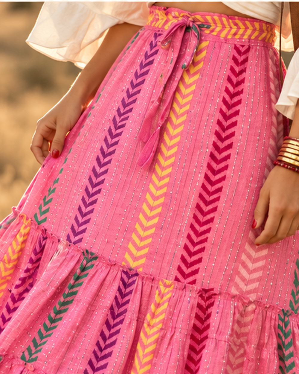 Long Boho Peasant Skirt, close-up of fabric and garment details