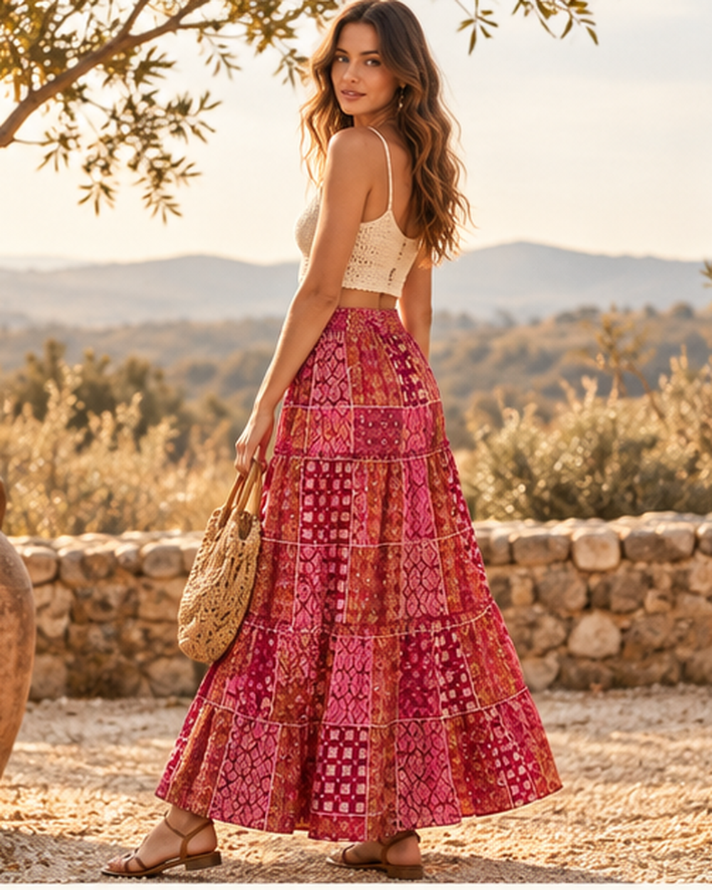 Long Boho Winter Skirt, styled in a warm Mediterranean setting