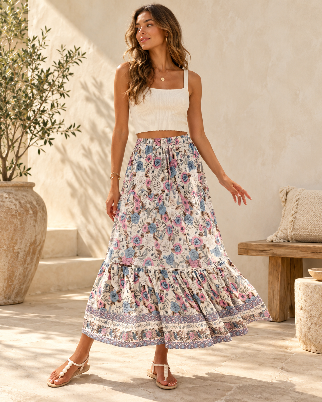 Long Flowy Skirt Boho - Apricot variant, full-length hero view