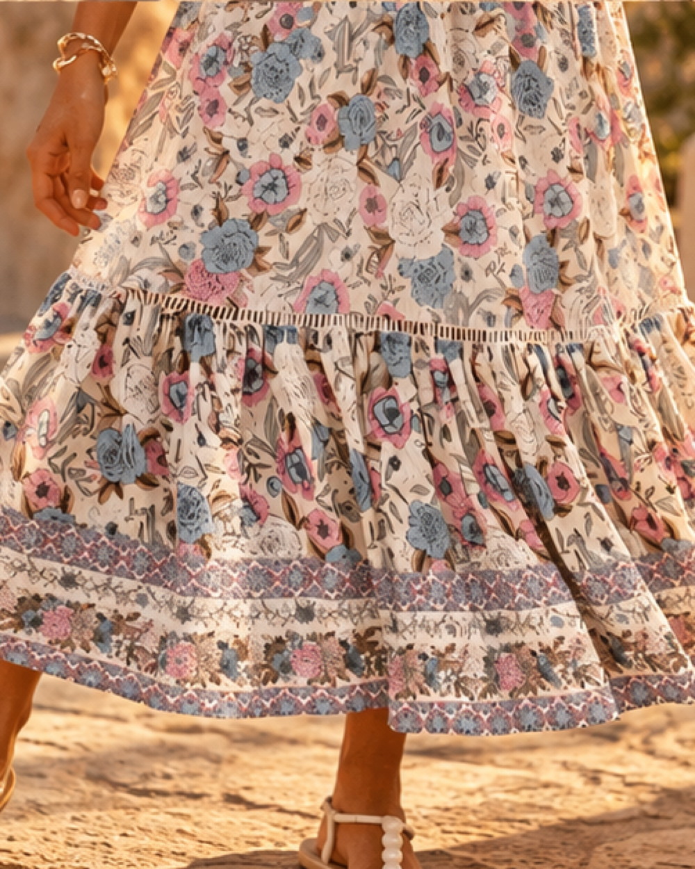 Long Flowy Skirt Boho - Apricot variant, close-up of fabric and garment details