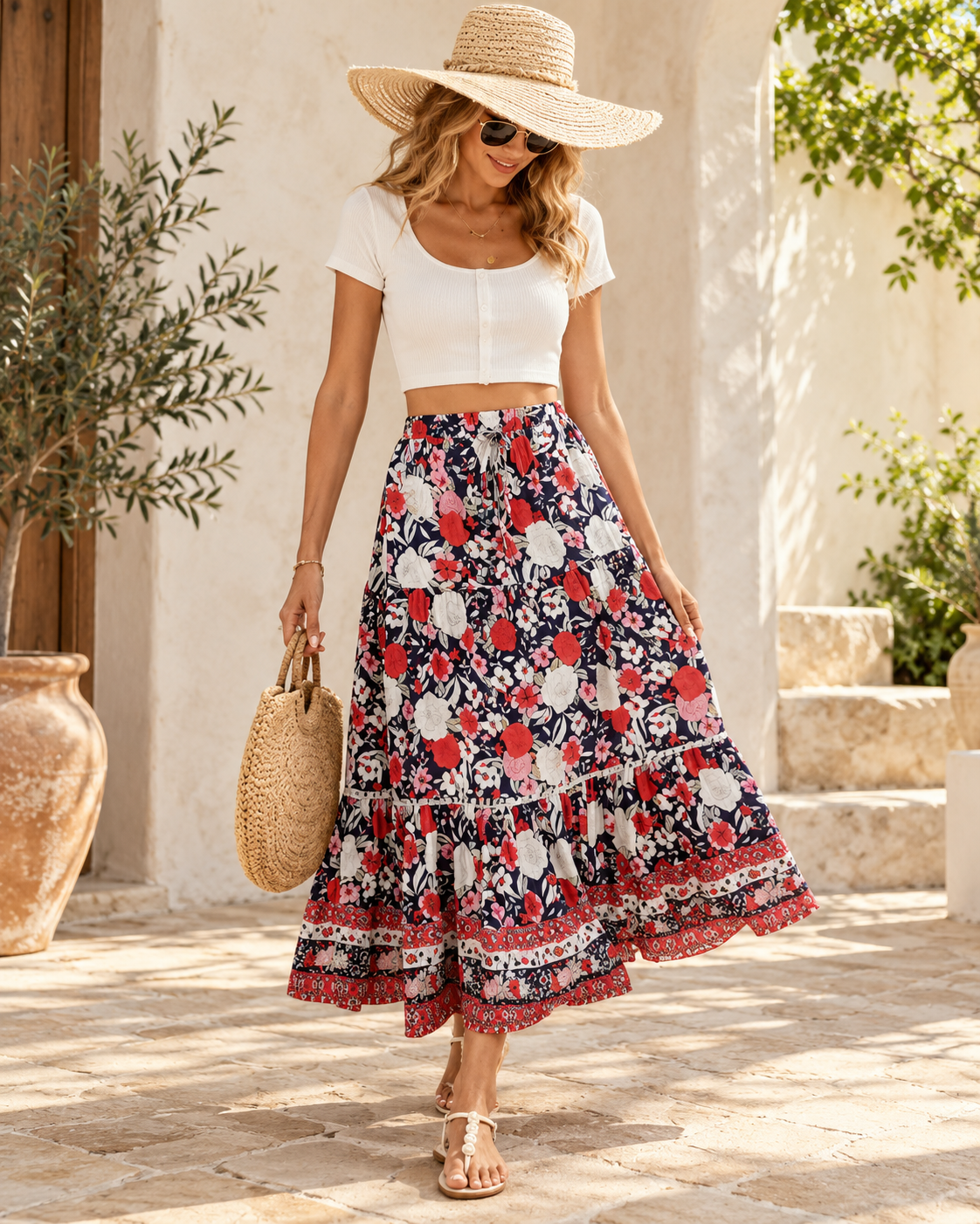 Long Flowy Skirt Boho - Red variant, full-length hero view
