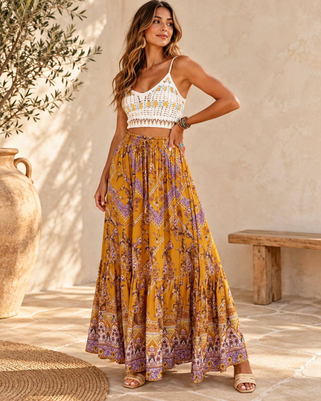 Mustard Maxi Boho Skirt, full-length hero view