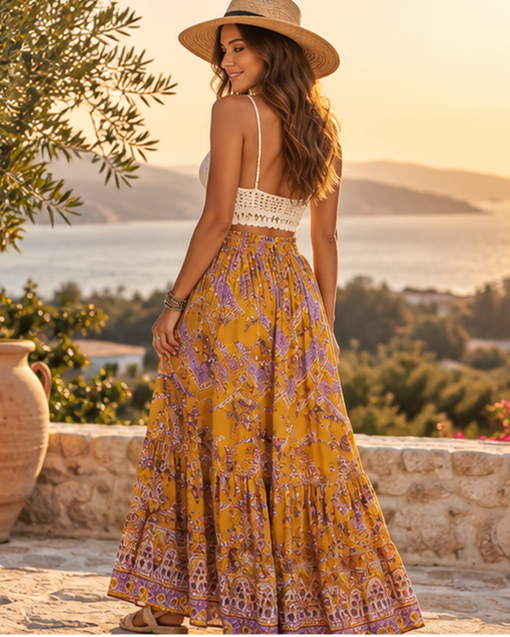 Mustard Maxi Boho Skirt, styled in a warm Mediterranean setting