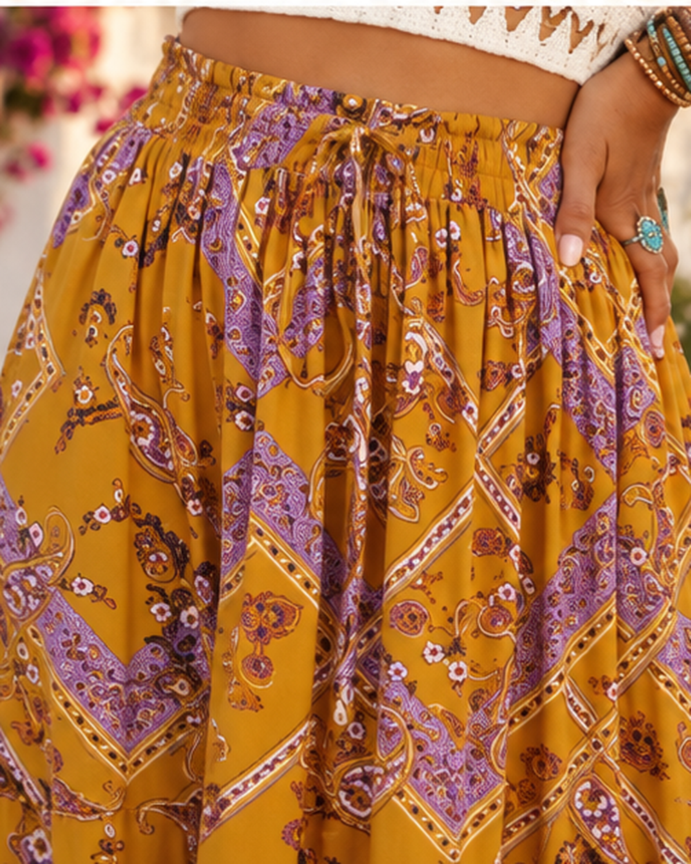 Mustard Maxi Boho Skirt, close-up of fabric and garment details