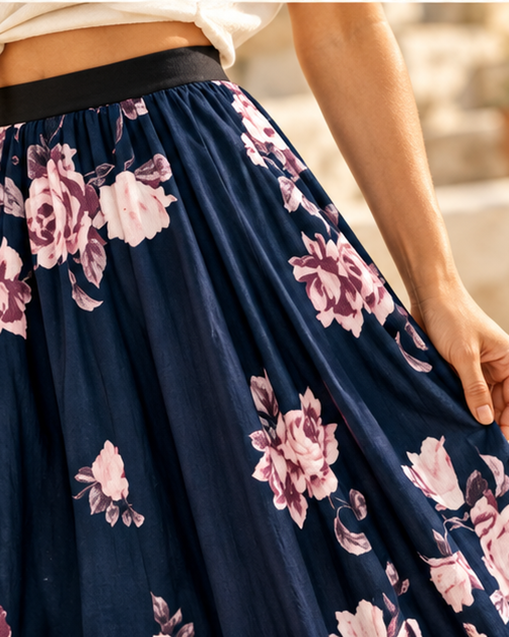 Navy Boho Skirt - One Size variant, close-up of fabric and garment details